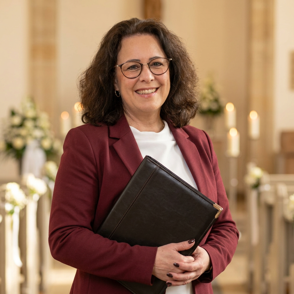 Susanne Kisela, Trauerrednerin, mit Rednermappe in der Trauerhalle